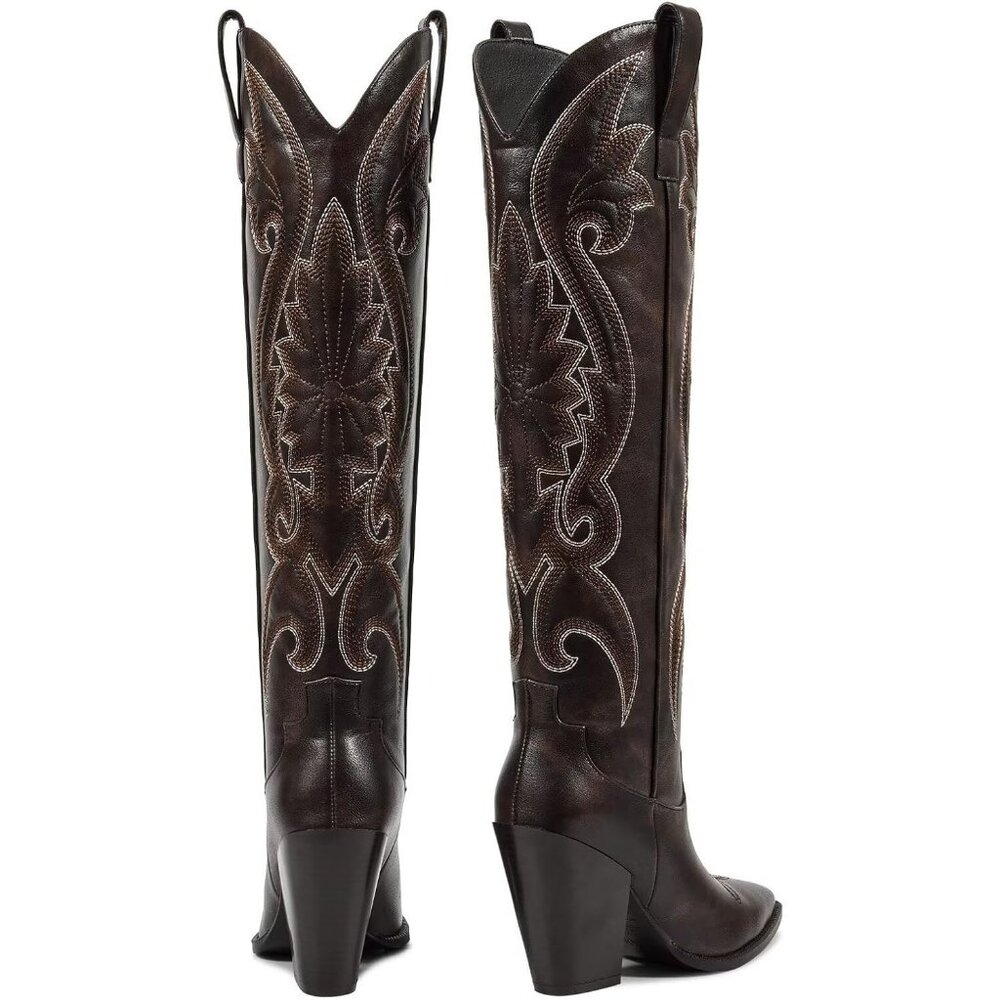 Women's Embroidered Dark Brown Chunky Knee High Heel Western Tall Boots - Picture 3 of 7